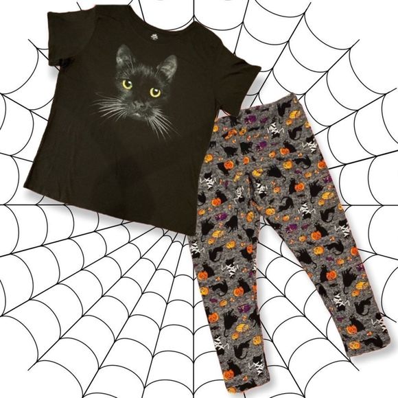 NWT Size 3X Halloween Brushed Knit Stretch Leggings & Black Cat 3X Tee - Picture 1 of 9